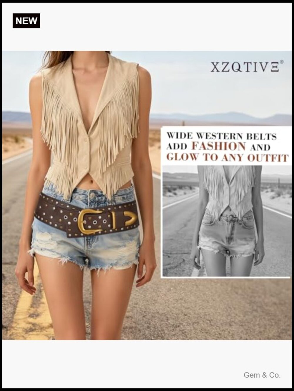 Wide Studded PU Leather Fashion Belt with Gold Buckle - Picture 4 of 6